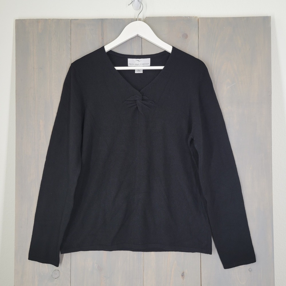 Precious Fibers Sweater Women Large Black 100% Cashmere V-Neck Twist Knot Detail